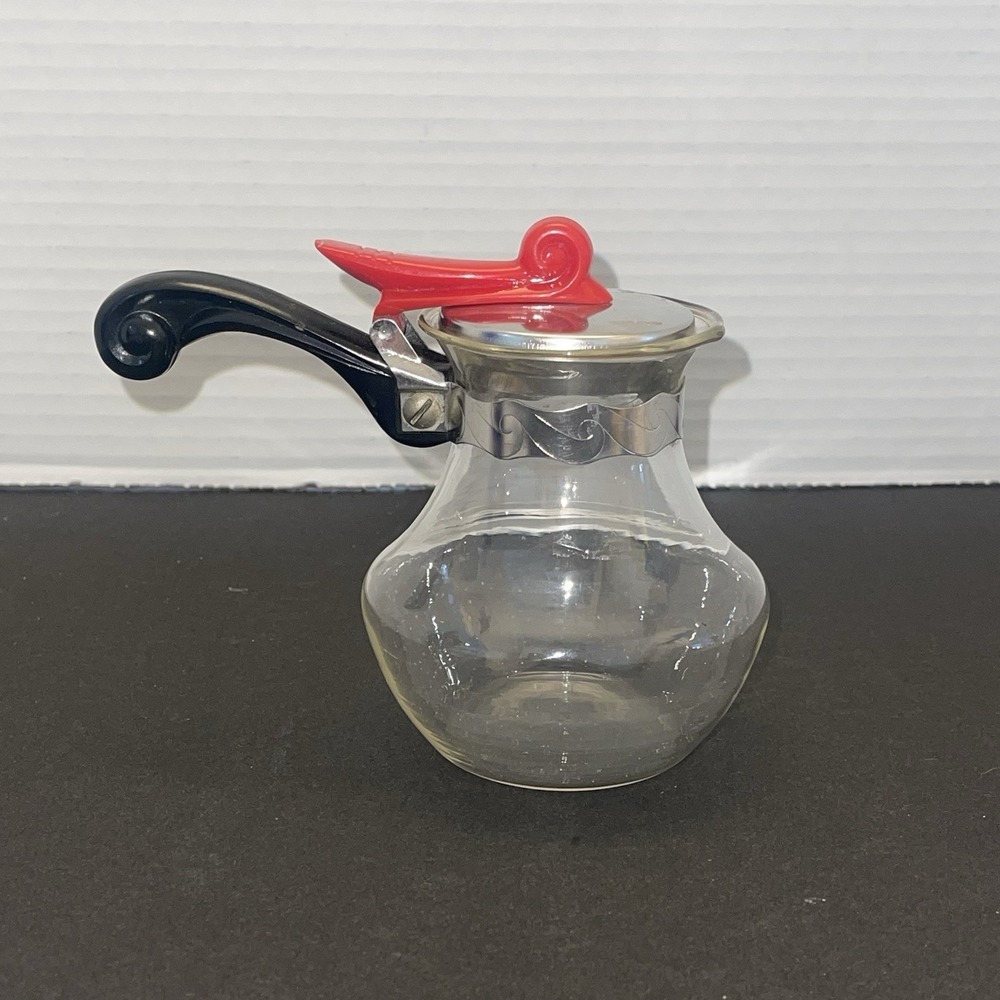 VTG Pyrex Carafe, Black Handle, Red & Chrome Lid 4 1/2" tall Art Deco Retro